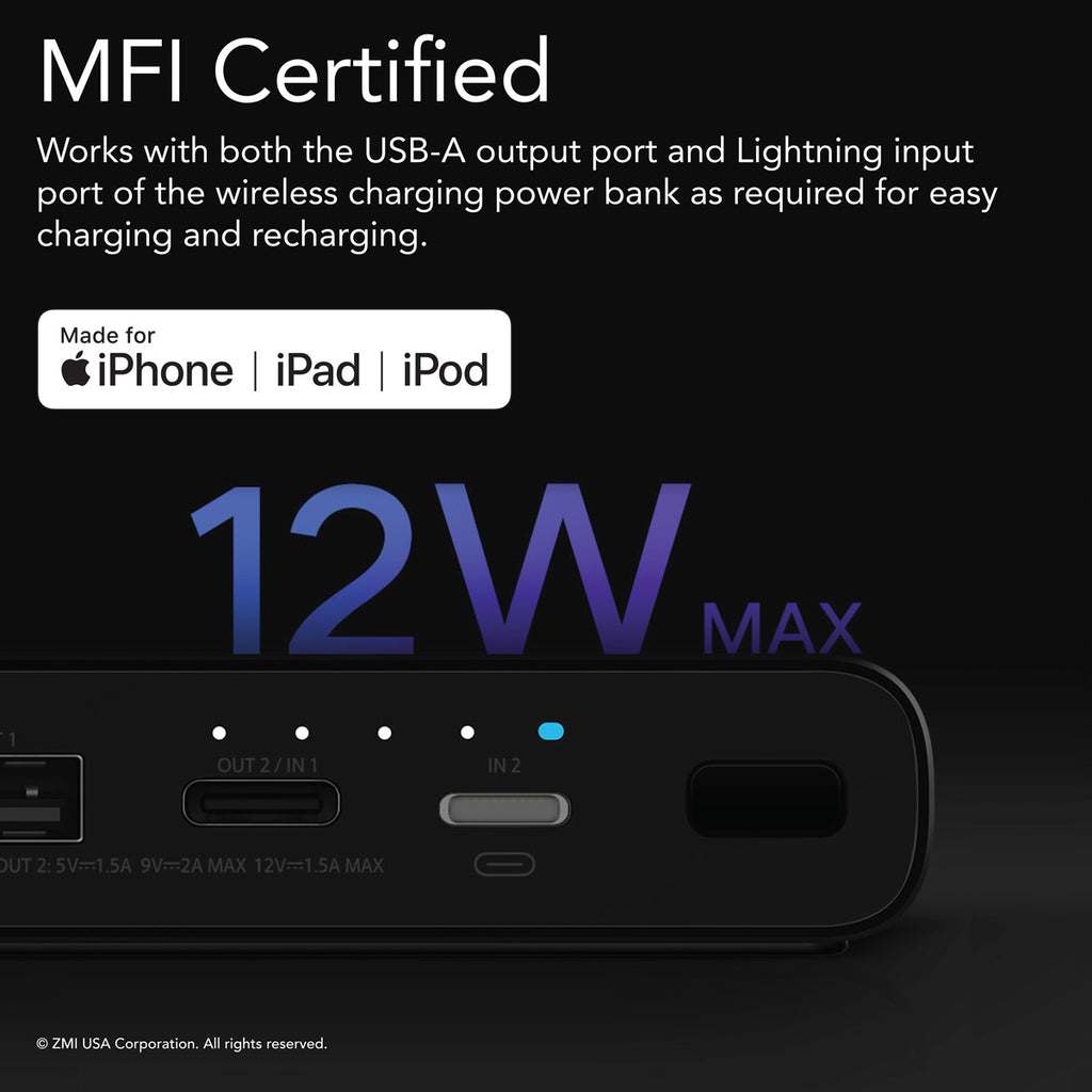 LevPower M10 USB-C Power Bank - Qi Certified Wireless Charger, Apple MFi Certified, USB PD, Lightning Port Input