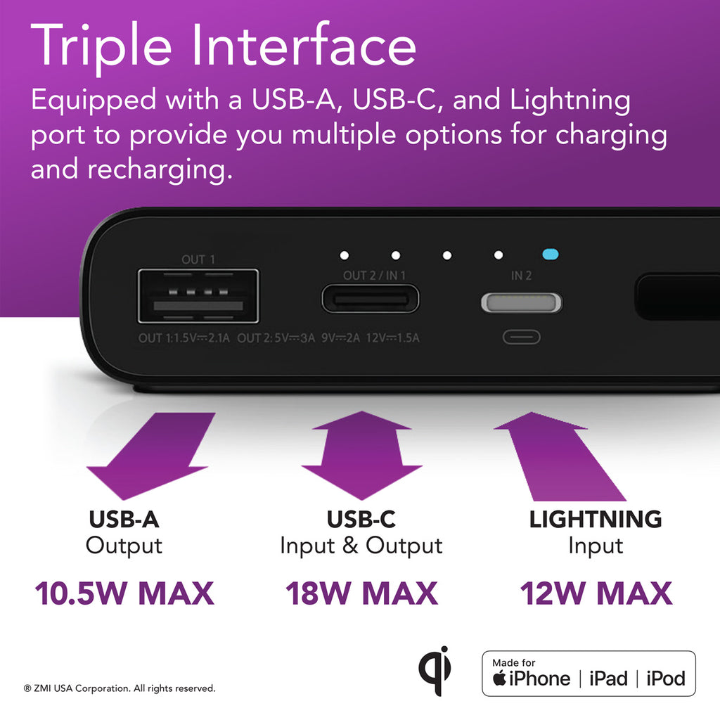 LevPower M10 USB-C Power Bank - Qi Certified Wireless Charger, Apple MFi Certified, USB PD, Lightning Port Input